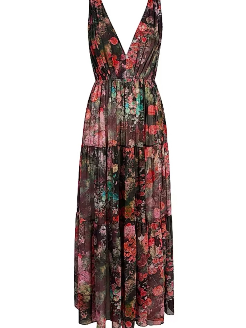 Black Floral Tiered Maxi Dress with Deep V Back